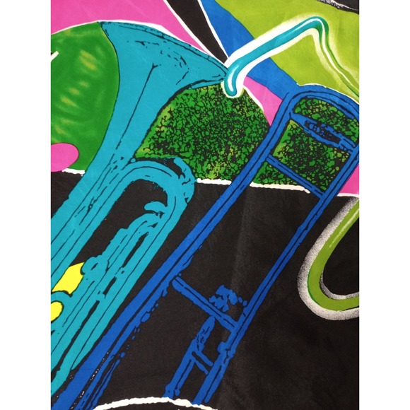 Vintage Silk Scarf Jazz Music Bold Bright 34x33 Unique Trombone Casca 80s - Picture 7 of 10